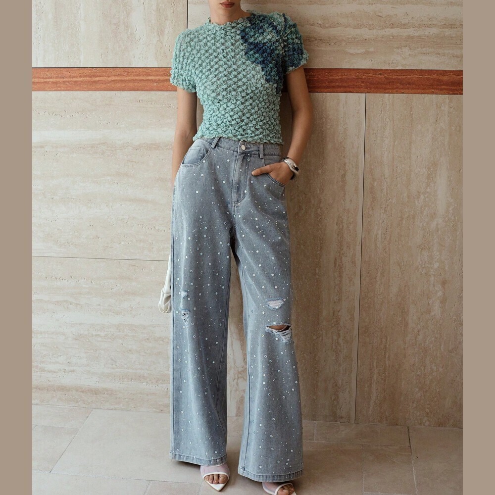 Silver Rhinestone Ripped Wide Leg Jeans - Picture 6 of 6